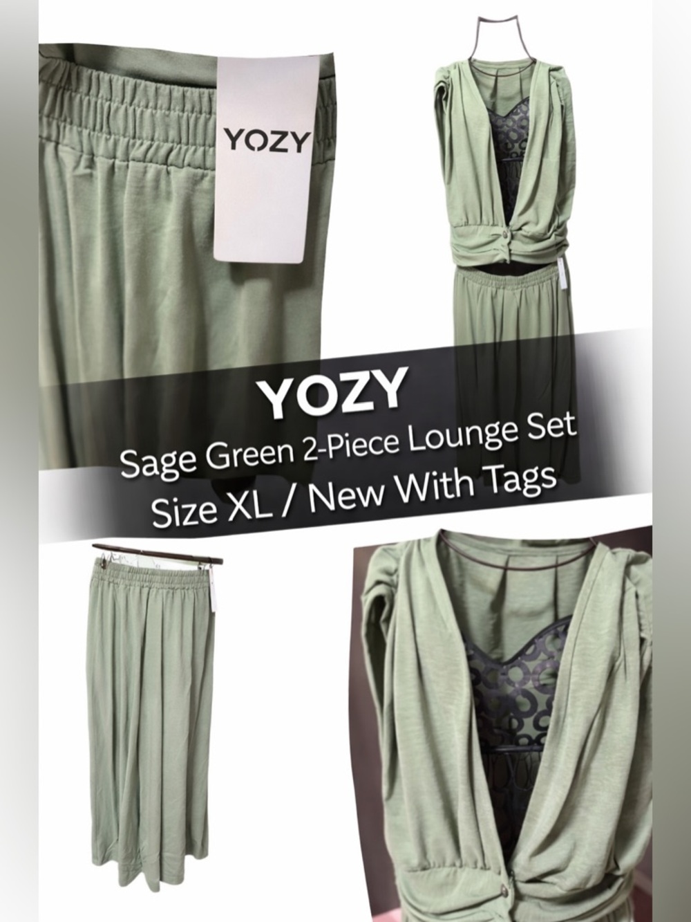 YOZY 2-Piece Lounge Set Sage Green Top & Wide Leg Pants XL NWT - Picture 2 of 4